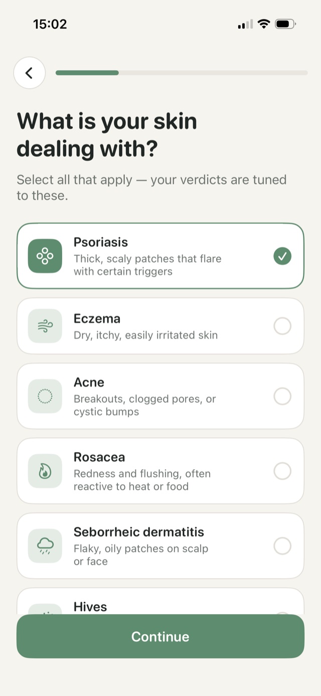 Selecting your skin condition in unflare
