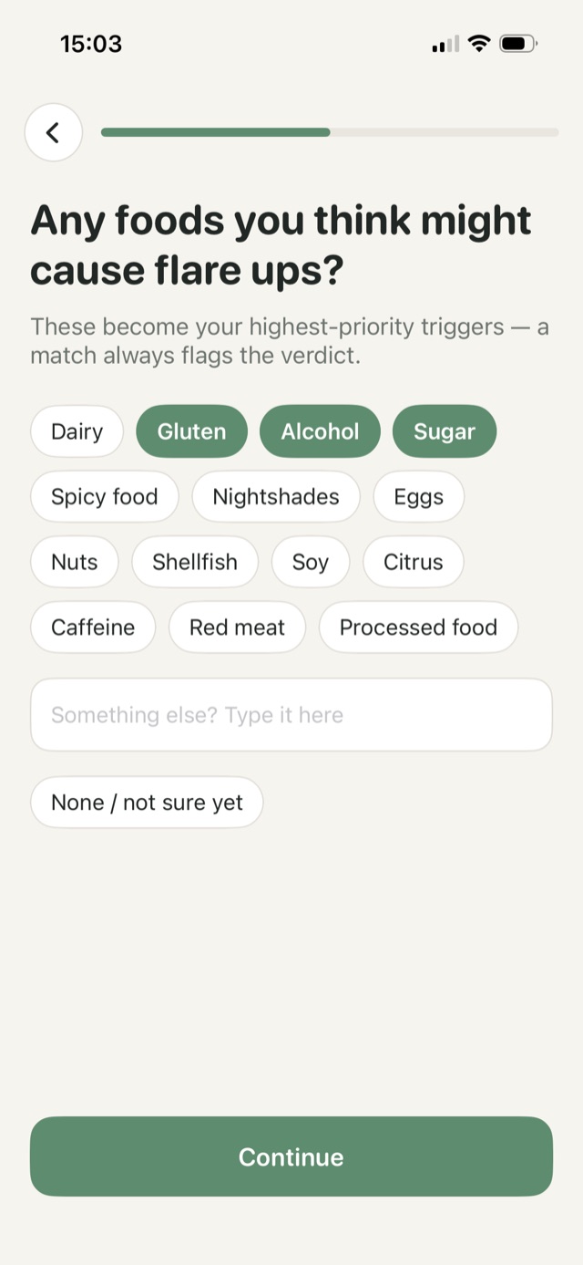 Selecting known food triggers in unflare